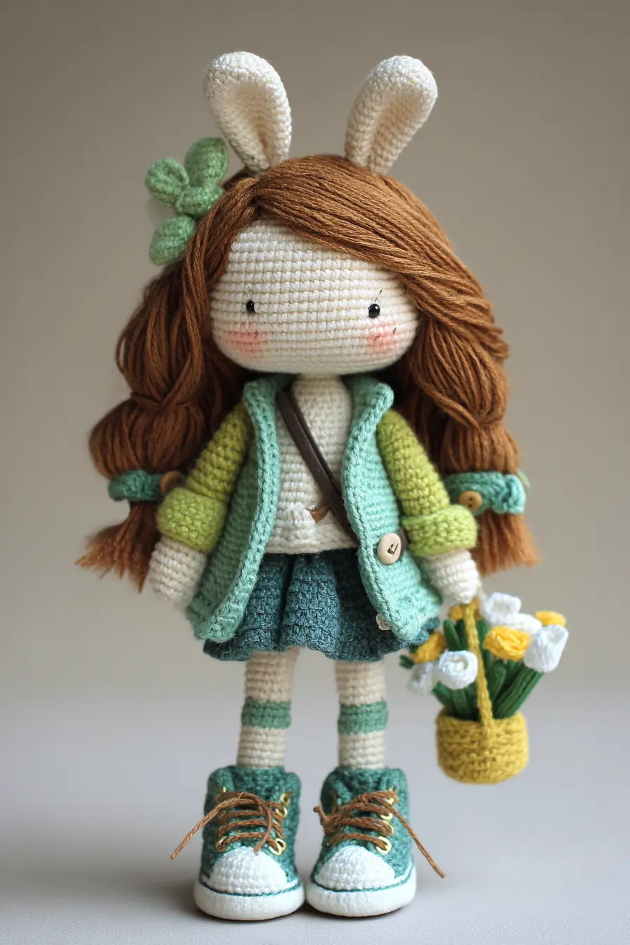 Bunny-Eared Amigurumi Doll Crochet Pattern with Outfit, Hair & Accessories