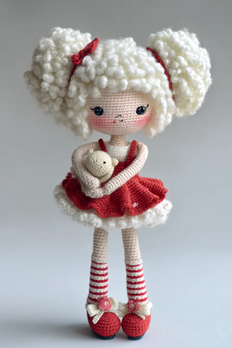 Curly-Haired Amigurumi Doll Pattern — Red Dress & Teddy