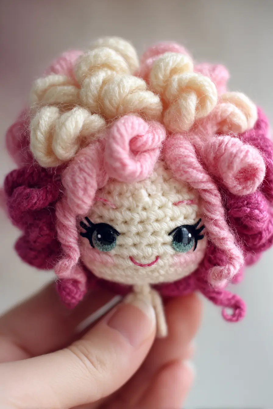 Curly-Haired Amigurumi Doll Head – Small Crochet Doll Pattern