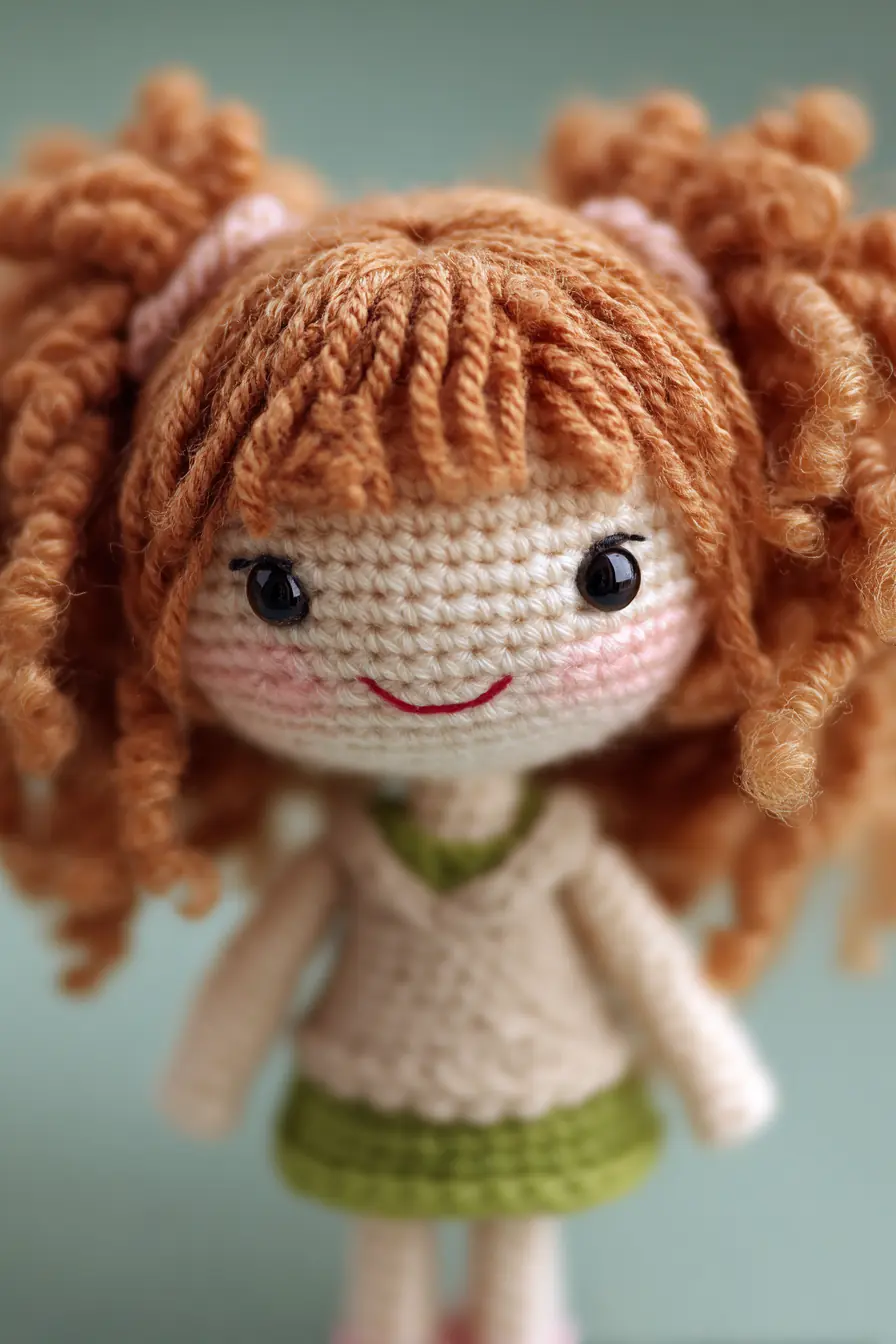 Curly-Haired Amigurumi Doll – DK/Sport Yarn, Safety Eyes, ~20 cm Finished Size