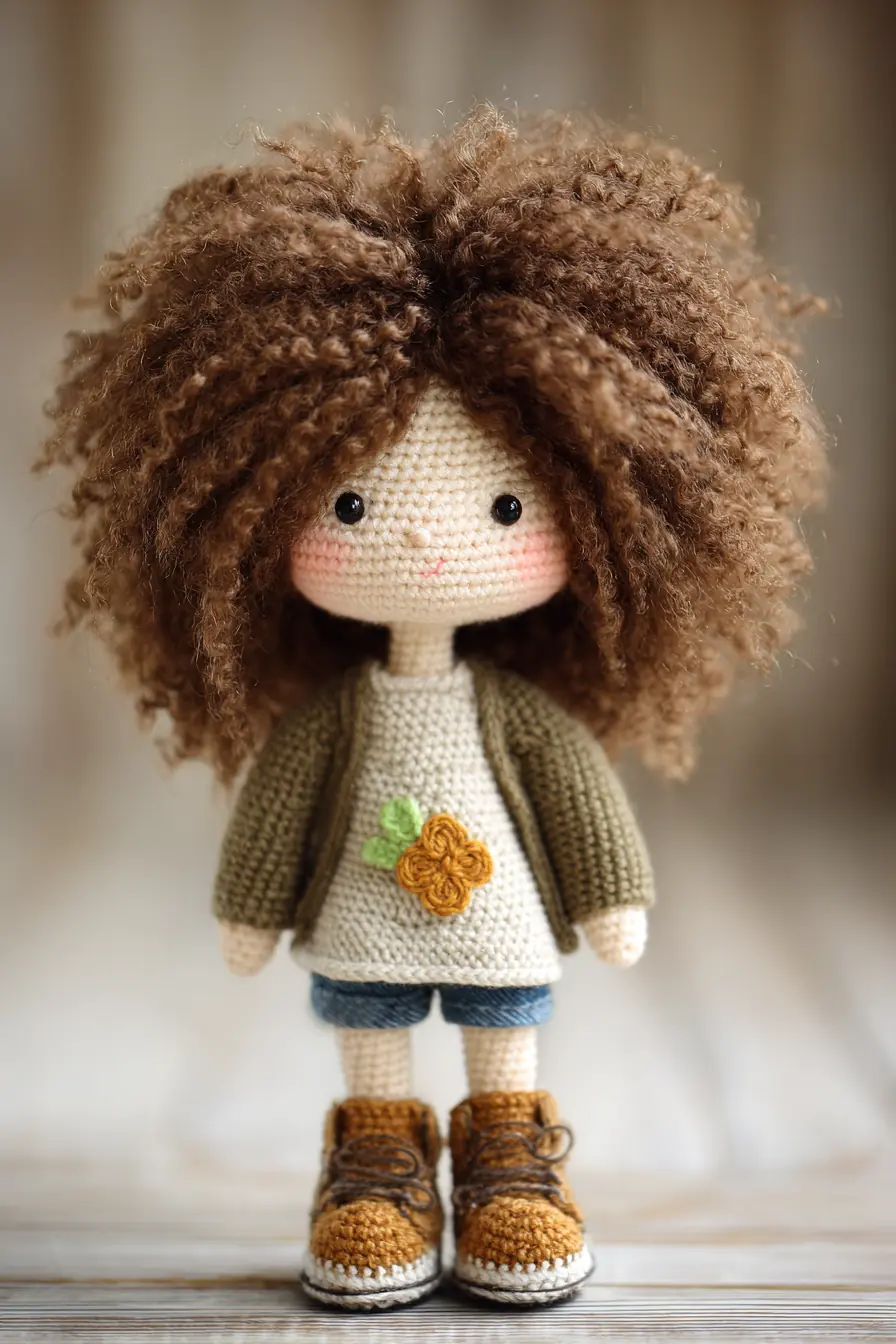 Curly-Haired Amigurumi Doll Crochet Pattern — Jacket, Boots & Flower Appliqué