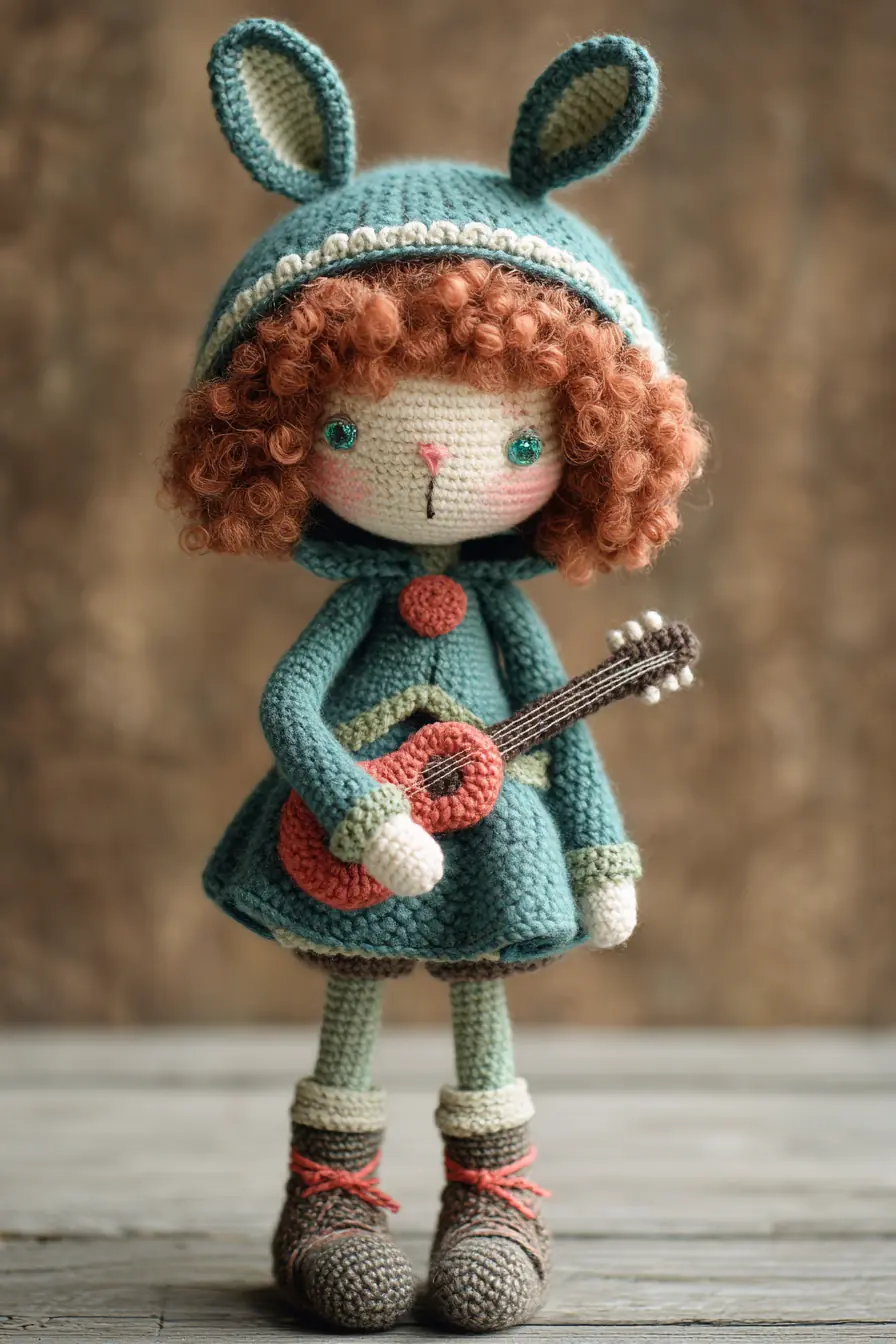 Curly-Haired Amigurumi Doll with Guitar — Crochet Pattern & Materials