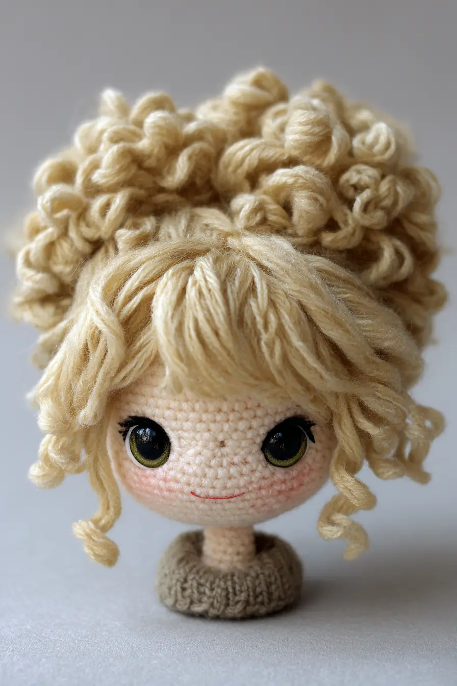 Curly‑Haired Amigurumi Doll Head — Crochet Pattern Keywords: single crochet, safety eyes