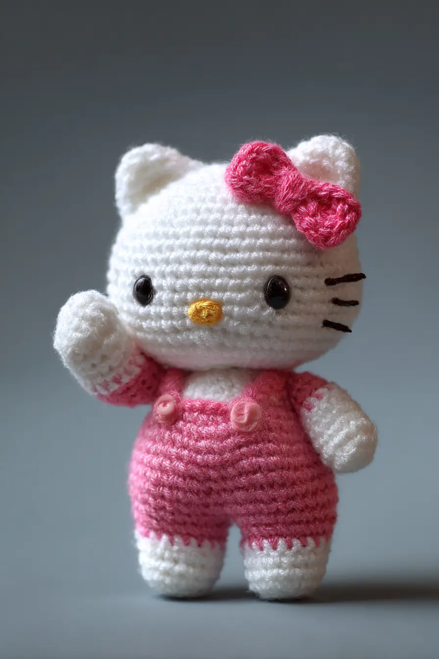 Cute Hello Kitty–Style Amigurumi Cat in Pink Overalls – Crochet Toy Pattern Tips