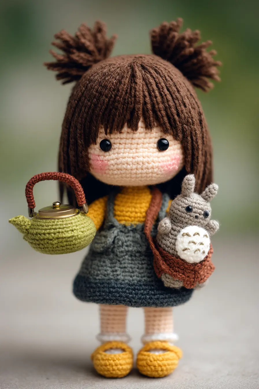 Cute Amigurumi Girl Doll with Teapot and Bunny Bag - Crochet Doll Pattern
