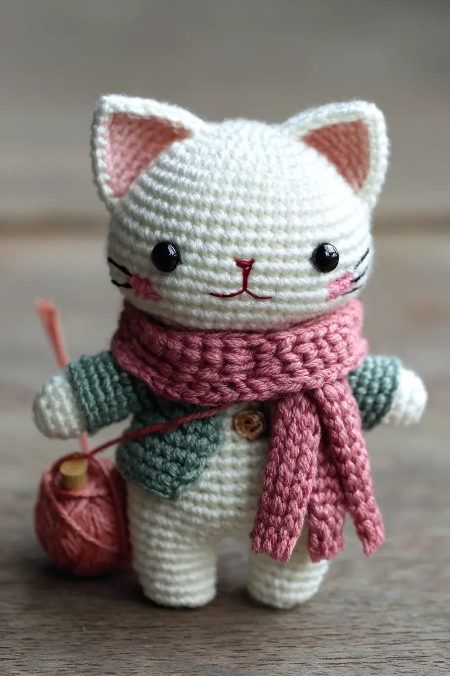 Cute Crochet Cat Amigurumi Pattern — White Kitty with Scarf and Coat