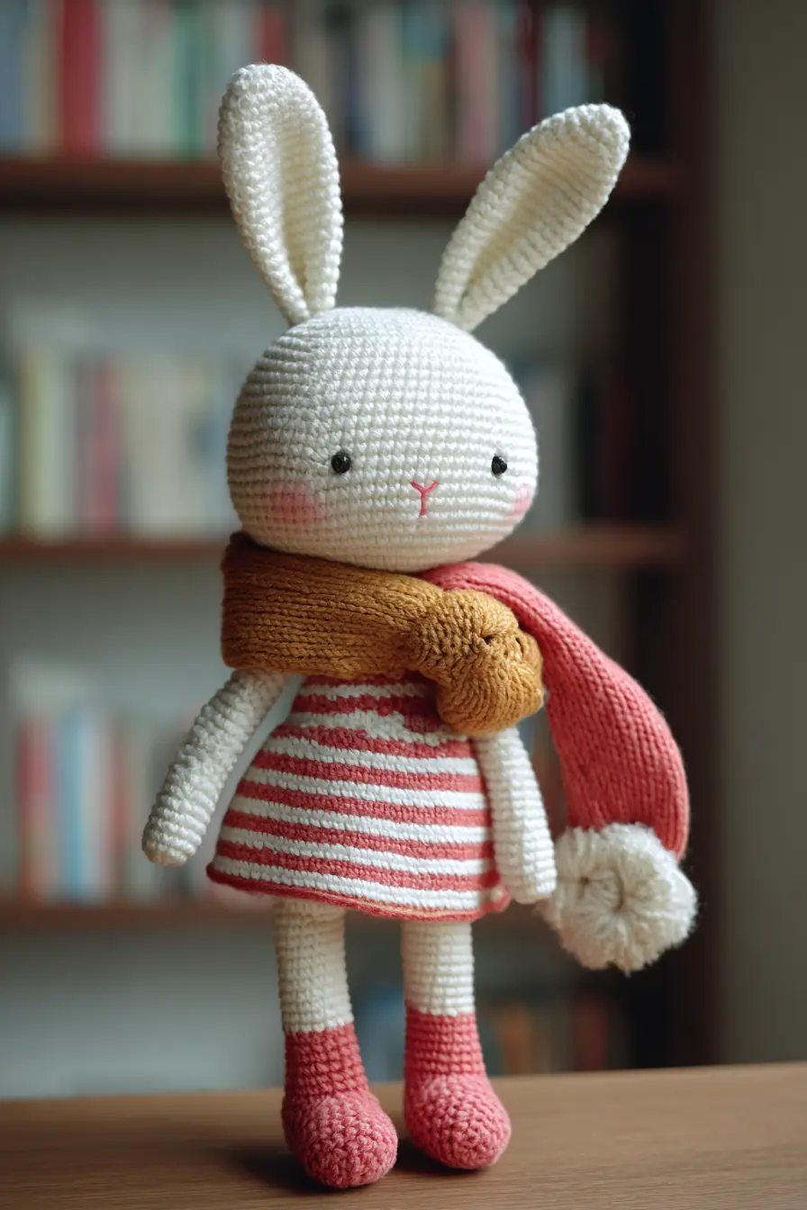 Cute Crochet Bunny Amigurumi — Striped Dress & Pom‑Pom Scarf