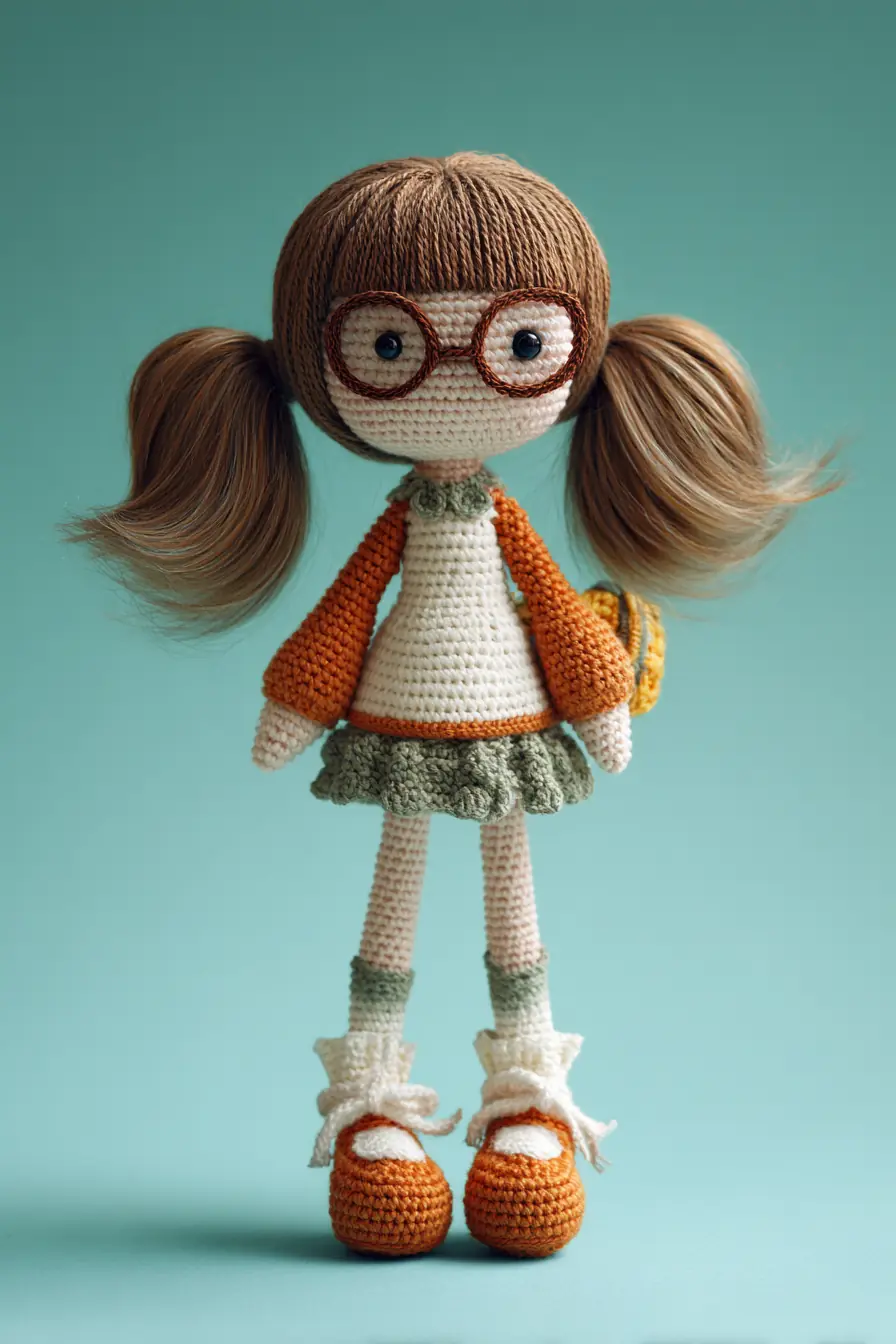 Autumn Pigtail Amigurumi Doll Crochet Pattern — Glasses, Ruffled Skirt