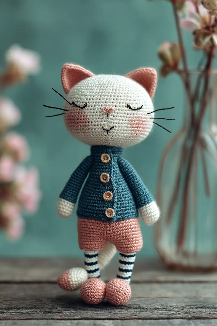 Sweet Cat Amigurumi Crochet Pattern - Soft Doll with Jacket, Buttons & Striped Legs